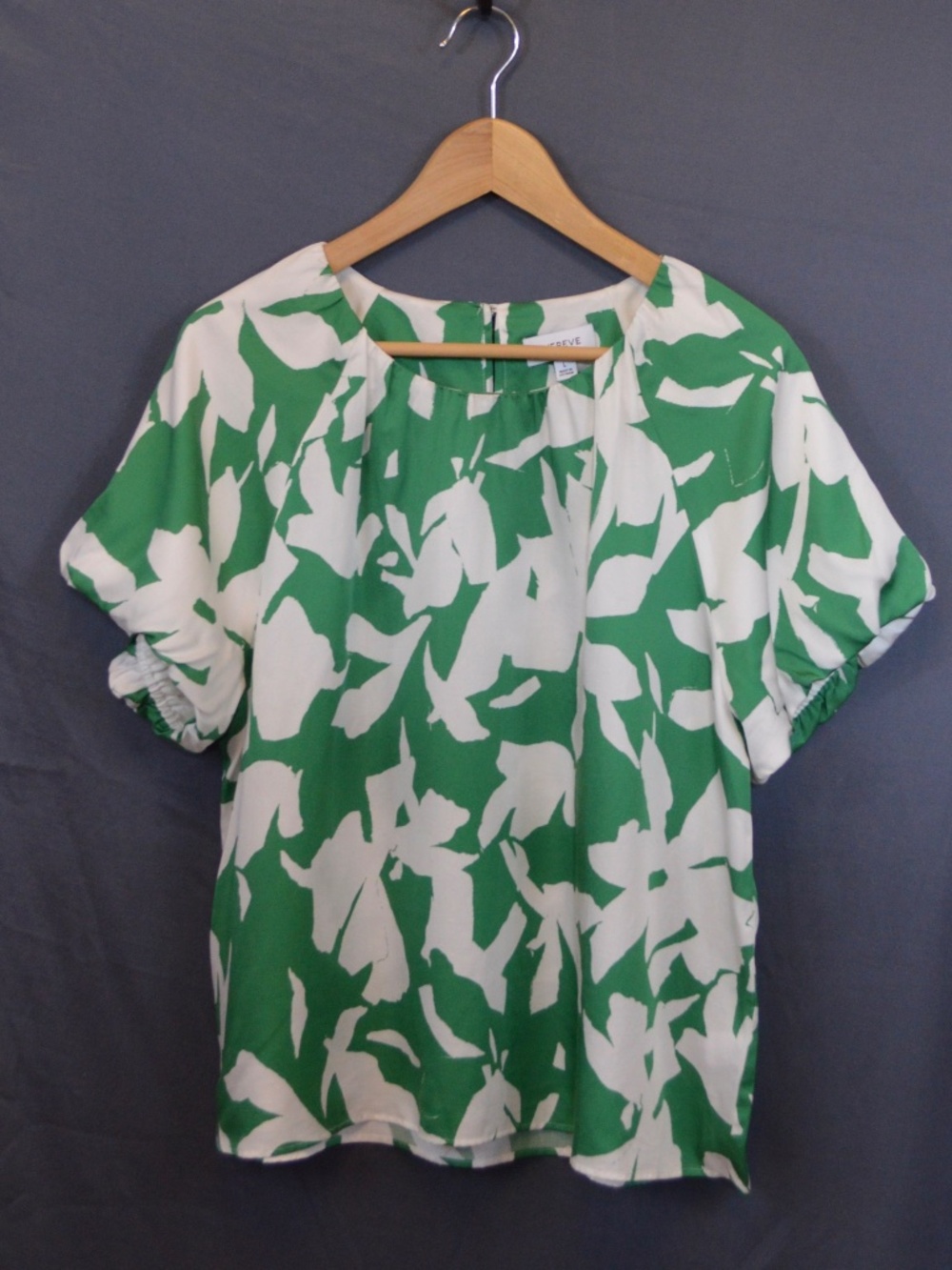 EVEREVE Green White Floral Puff Sleeve Blouse Graphic Print Top Size L Large